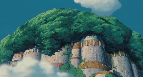 A Painting Of A Castle With A Tree On Top Of It GIF