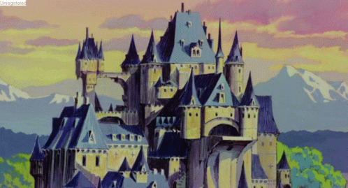 A Painting Of A Castle With Mountains In The Background And A Watermark That Says ' Registered ' On The Bottom GIF