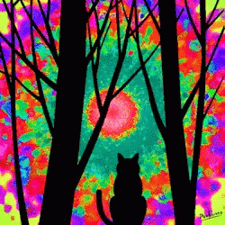 A Painting Of A Cat In A Forest With The Name Arizona On The Bottom Right GIF