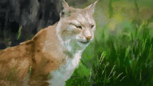A Painting Of A Cat In The Grass With A Dark Background GIF