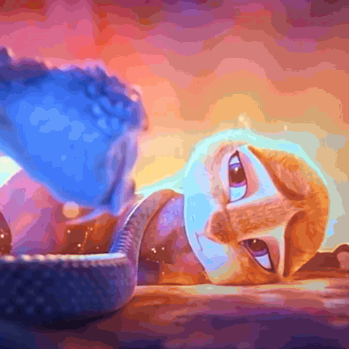A Painting Of A Cat Laying On A Table With A Snake In The Background GIF