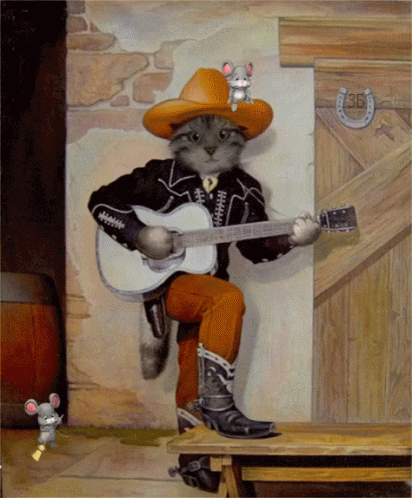 A Painting Of A Cat Playing A Guitar With A Mouse On His Hat GIF