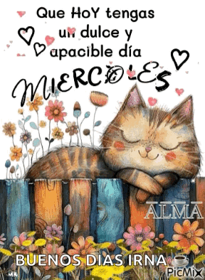 A Painting Of A Cat Sleeping On A Fence With Flowers In The Background . GIF