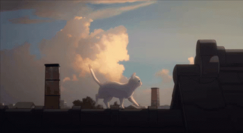 A Painting Of A Cat Walking On A Roof With Clouds In The Background GIF