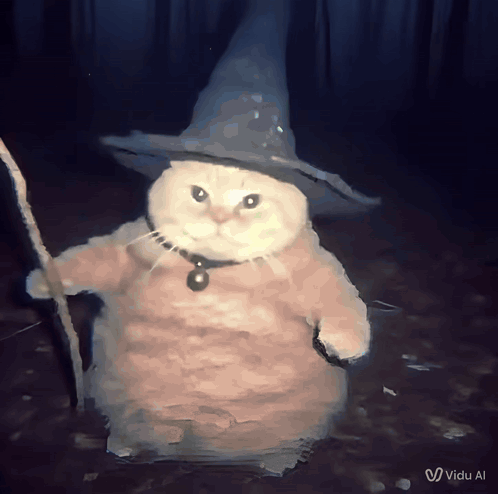 A Painting Of A Cat Wearing A Witch Hat And Holding A Stick GIF