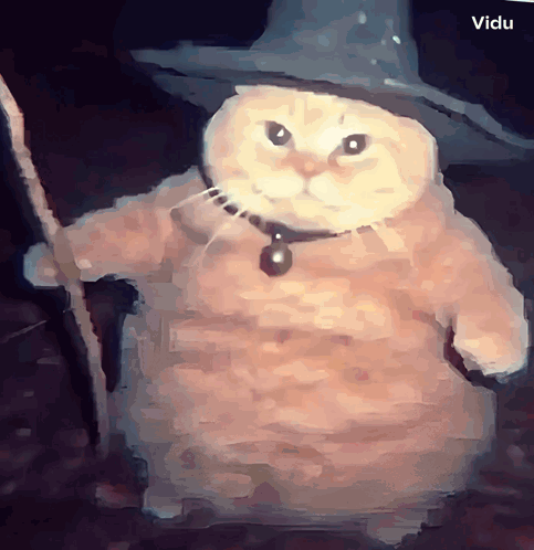A Painting Of A Cat Wearing A Wizard Hat And Holding A Cane GIF