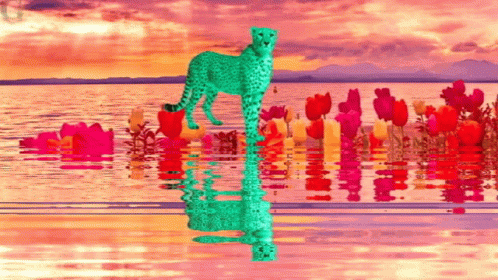 A Painting Of A Cheetah In The Water With Flowers In The Background GIF
