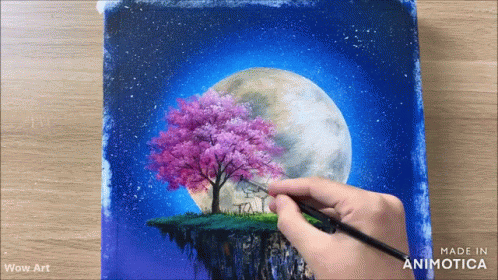 A Painting Of A Cherry Blossom Tree In Front Of A Full Moon Is Made By Wow Art GIF