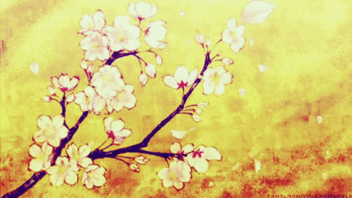 A Painting Of A Cherry Blossom Tree With The Name Panda On The Bottom Right Corner GIF