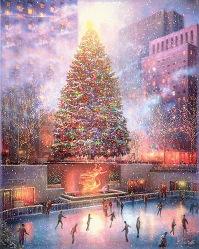 A Painting Of A Christmas Tree With People Ice Skating In Front Of It GIF