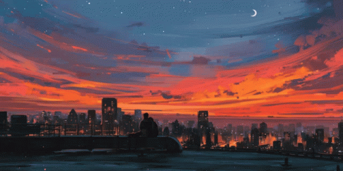 A Painting Of A City At Sunset With The Word Gen In White GIF