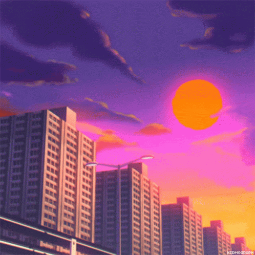 A Painting Of A City Skyline At Sunset With The Word Kidhoograph On The Bottom GIF