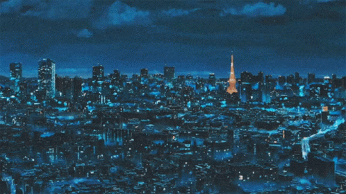 A Painting Of A City Skyline With A Blue Sky GIF