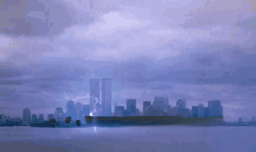 A Painting Of A City Skyline With A Lightning Strike In The Distance GIF
