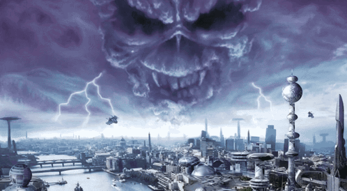 a painting of a city with a skull in the background