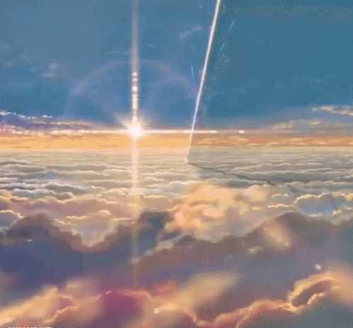 A Painting Of A Cloudy Sky With A Rainbow In The Middle And A Light Shining Through The Clouds GIF