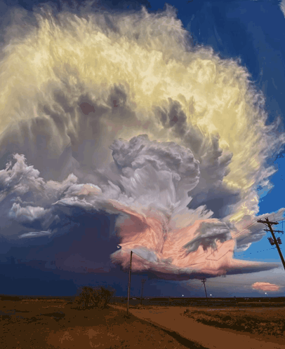 A Painting Of A Cloudy Sky With Power Lines In The Background GIF