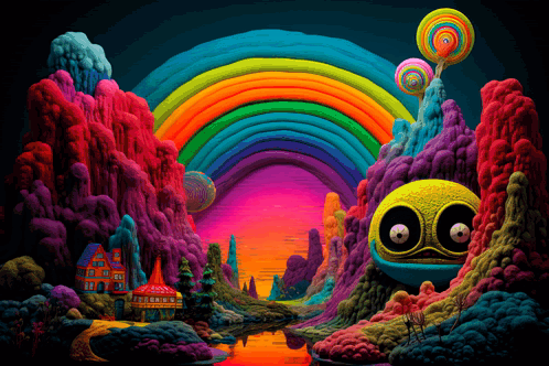 A Painting Of A Colorful Landscape With A Rainbow GIF