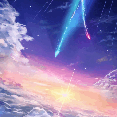 A Painting Of A Comet Flying Through A Cloudy Sky At Sunset GIF