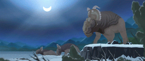 A Painting Of A Couple Of Animals Standing On A Snowy Hill GIF