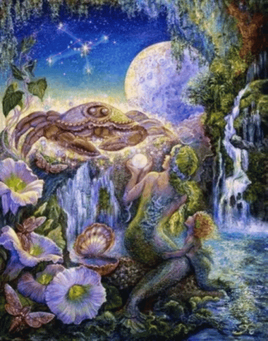 A Painting Of A Crab And A Mermaid With Flowers And Waterfall In The Background GIF