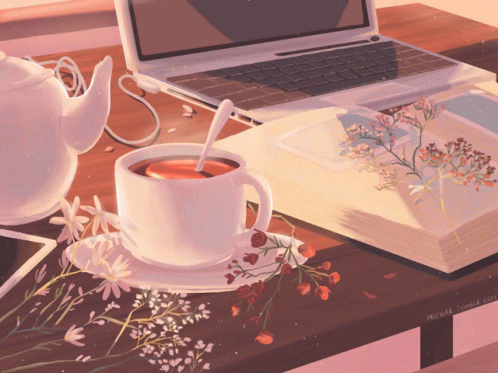 A Painting Of A Cup Of Tea Next To A Laptop GIF