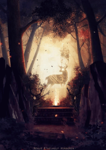 A Painting Of A Deer In The Woods By Neale Athelwolf GIF