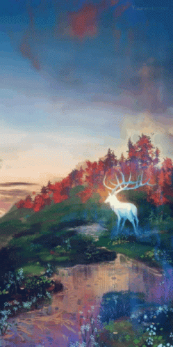 A Painting Of A Deer Standing In A Field With Trees In The Background GIF