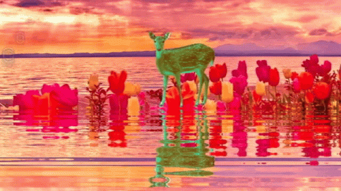 A Painting Of A Deer Standing In The Water Surrounded By Flowers GIF