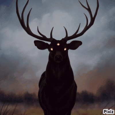 A Painting Of A Deer With Glowing Eyes And Pixiz Written Below It GIF