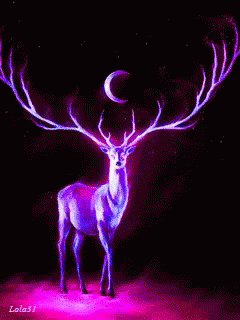 A Painting Of A Deer With Pink Antlers And A Crescent Moon GIF