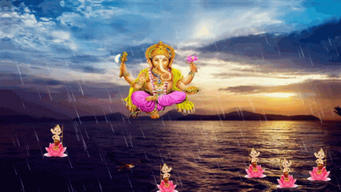 a painting of a deity flying over a lake