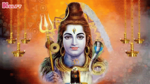 A Painting Of A Deity Holding A Trident And A Snake . GIF