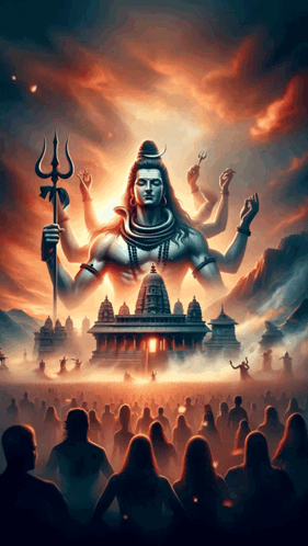 A Painting Of A Deity Holding A Trident In Front Of A Crowd Of People GIF