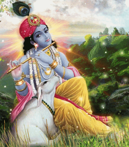 A Painting Of A Deity Playing A Flute While Sitting Next To A Cow GIF