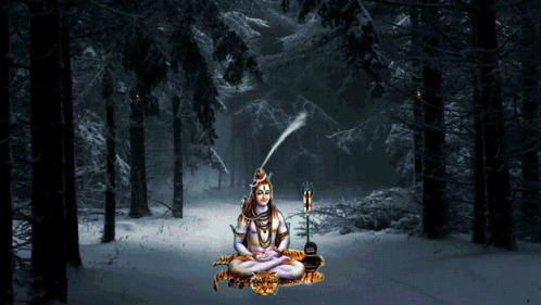 A Painting Of A Deity Sitting In A Lotus Position In The Middle Of A Snowy Forest GIF
