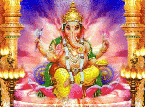 a painting of a deity sitting on a flower