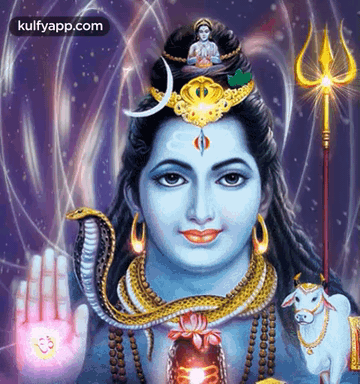 A Painting Of A Deity With A Snake Around His Neck And A Cow In The Background GIF
