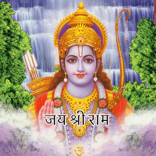 A Painting Of A Deity With A Waterfall In The Background And The Words " Jay Shri Ram " Below Him GIF