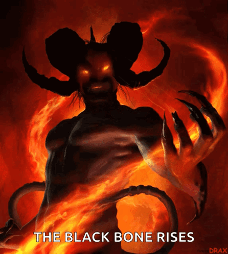 A Painting Of A Demon With The Words " The Black Bone Rises " Underneath It GIF