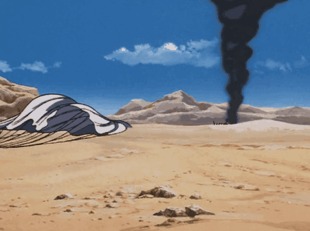 a painting of a desert scene with smoke coming out of it