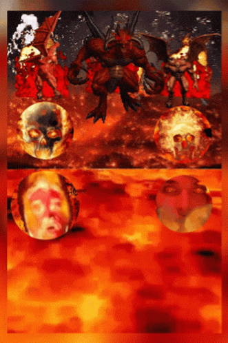 A Painting Of A Devil Surrounded By Skulls GIF