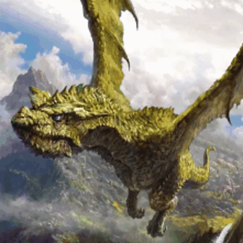 A Painting Of A Dragon Flying Through The Air With Mountains In The Background GIF