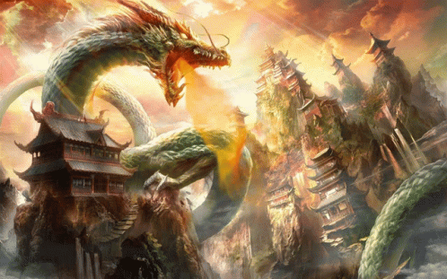 A Painting Of A Dragon Surrounded By Buildings On A Hillside GIF