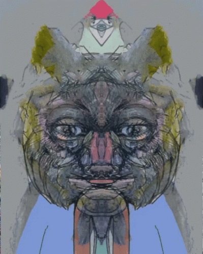 A Painting Of A Face With A Bird On Top GIF