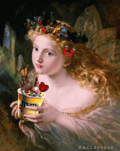 A Painting Of A Fairy Holding A Cup Of M & Ms GIF