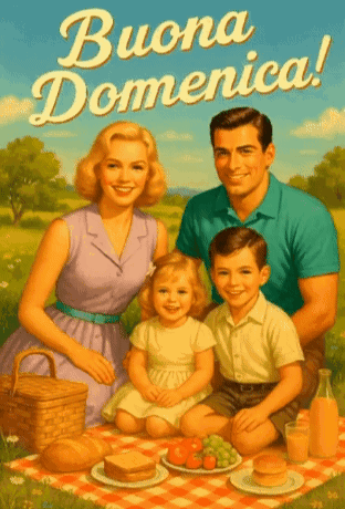 A Painting Of A Family Having A Picnic With The Words Buona Domenica On The Bottom GIF