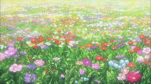 A Painting Of A Field Of Colorful Flowers And Greenery GIF