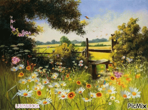 A Painting Of A Field Of Daisies And A Bench With Picmix Written In The Corner GIF