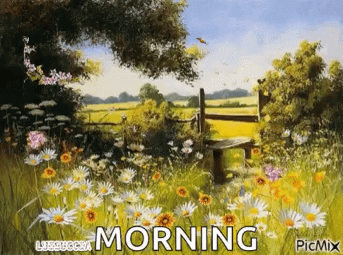 A Painting Of A Field Of Daisies With A Wooden Bench In The Middle Of It . GIF